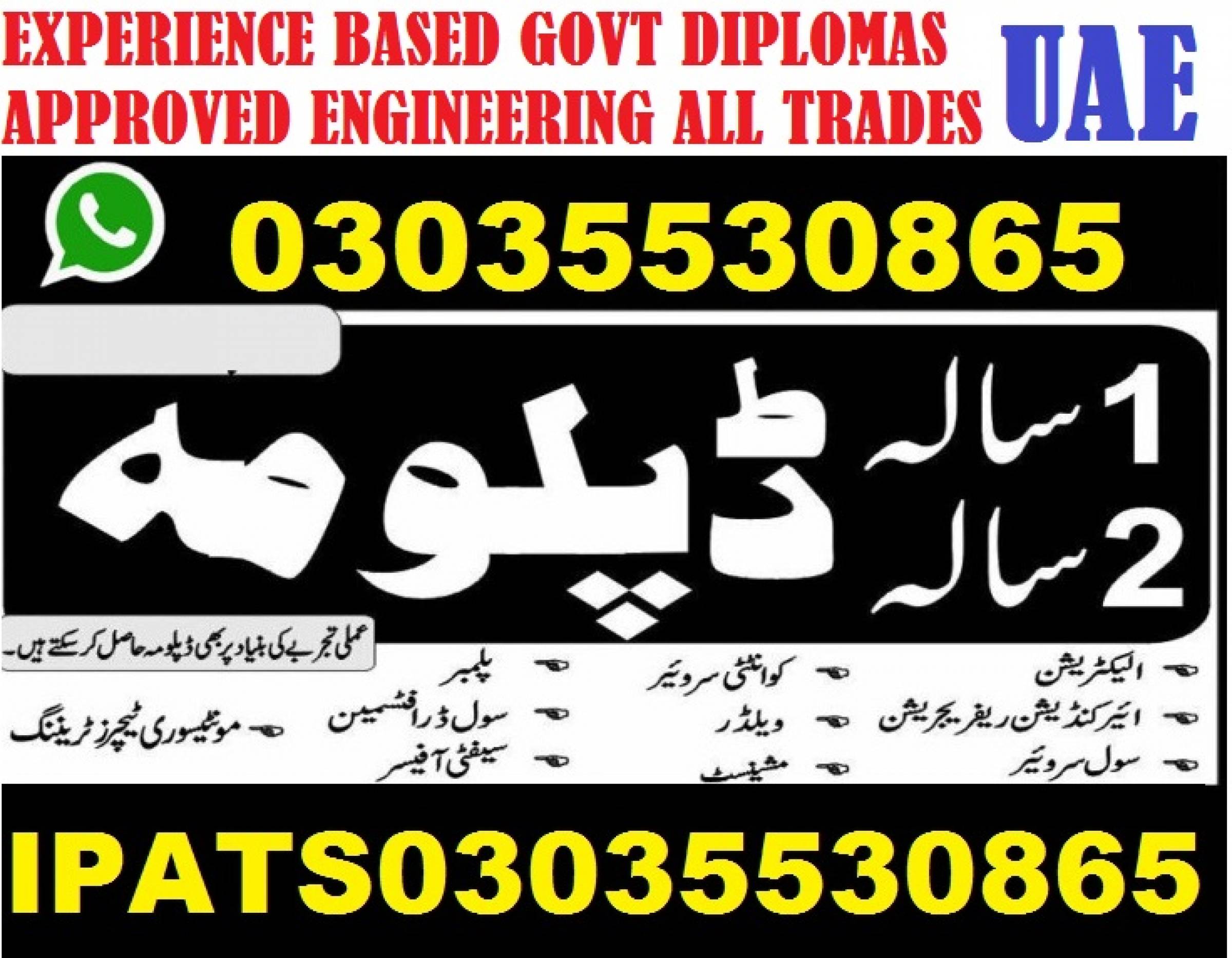 Experience based Diplomas 1 & 2 Years and DAE 3 Years Diploma Courses Programs Experience based Regular,Fast Track & RPL System