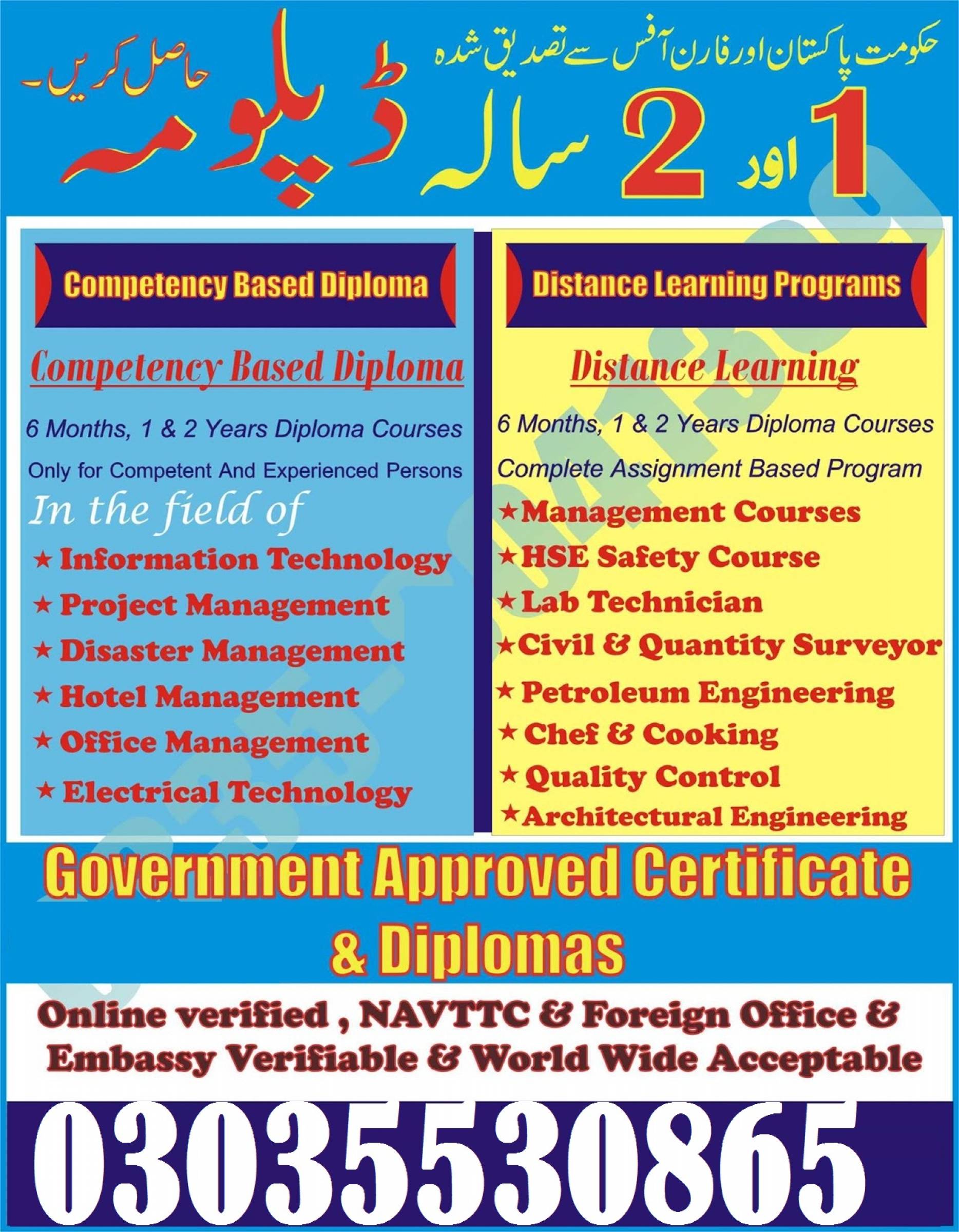 Govt MOFA Technical programs courses offered Diplomas Experience based Hotel Management course World Wide Acceptable with UK USA Pakistan